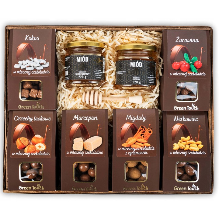 Set cadou cu ciocolata si miere, Green Touch, 6 tipuri de dulciuri, 35x25x8cm