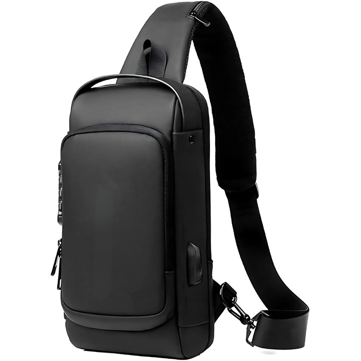 Promerco® crossbody táska, modern dizájn, funkcionális, univerzális kéz/váll hordozhatóság, USB töltés támogatás, lopásgátló zseb, rejtett kártyatartó zseb, Prémium anyagú, vízálló, méret 32x16x6 cm, fekete