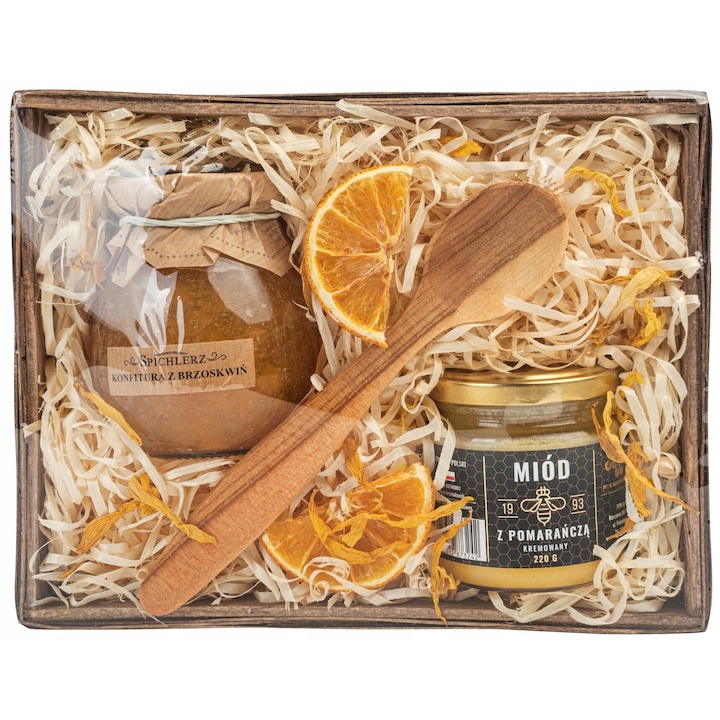 Set cos cadou cu miere de portocale si dulceata de piersici, GREEN TOUCH, 22x18x8cm