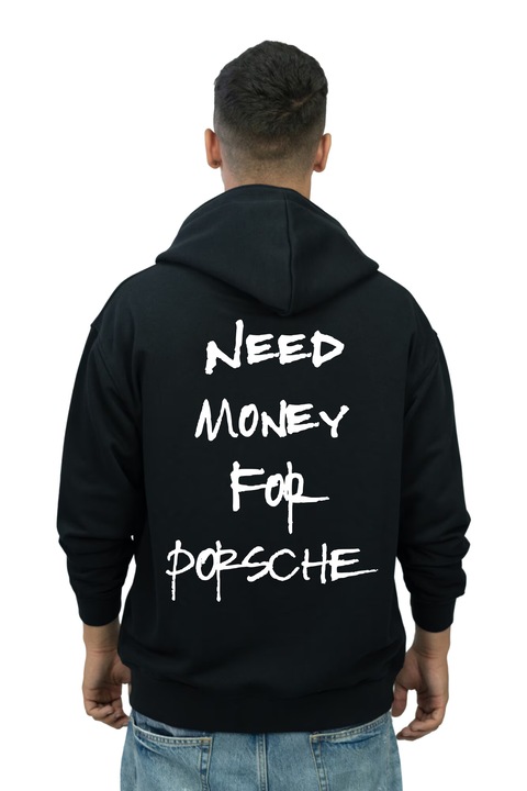 Hanorac oversize pentru barbati cu imprimeu Need Money Porsche Negru