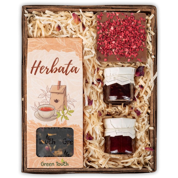 Set cadou cu ceai si dulciuri, Green Touch, 22x18x8cm, multicolor