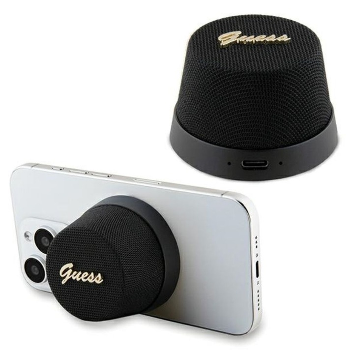 Boxa bluetooth, GUESS, compatibila magsafe, GUWSC3ALSMK, stand magnetic, bluetooth 5.3, Negru