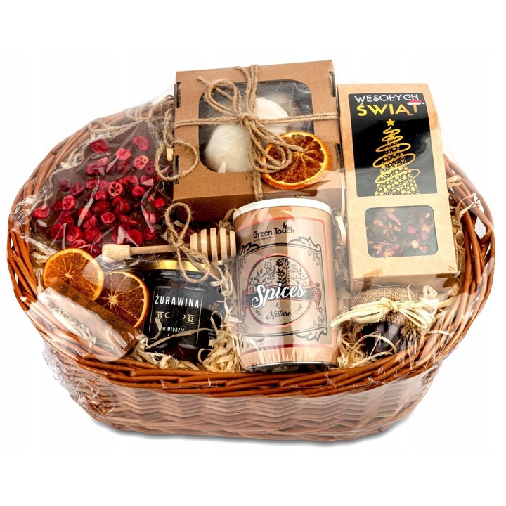 Cos cadou festiv GREEN TOUCH, ceai negru cu fructe, miere poliflorala, ciocolata, prajituri, 45x49x34x20cm