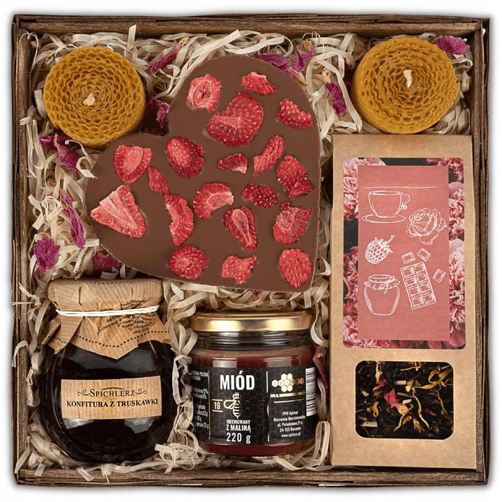 Set cadou Green Touch pentru Ziua Mamei, cestea cu ciocolata, ceai, miere si conifitura, 25x25x8cm