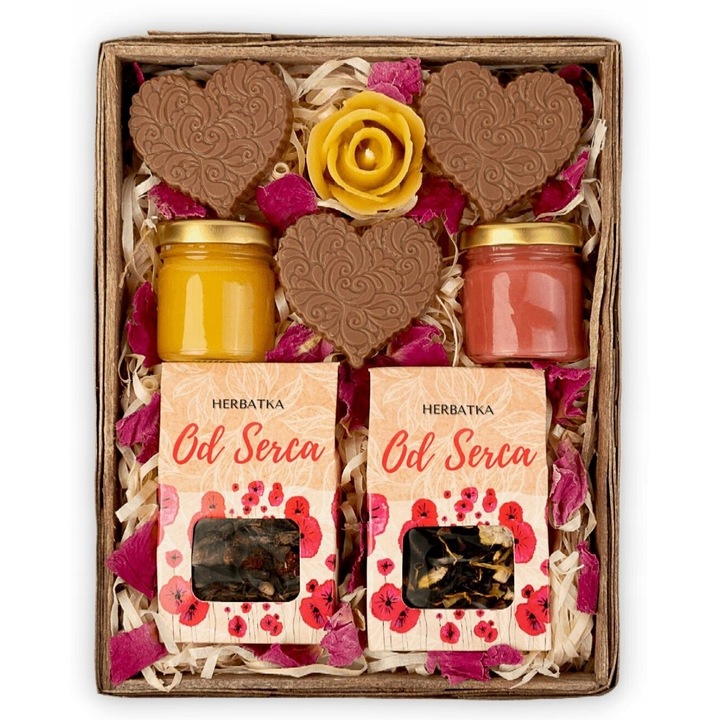 Set cadou cu ciocolata, ceaiuri, miere si lumanare, Green Touch, 22x18x8cm, multicolor