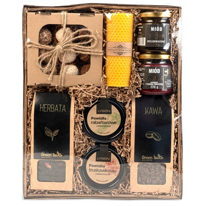 Set cos cadou Green Touch cu ceai, cafea, dulceata, lumanare, 35x25x10cm, multicolor
