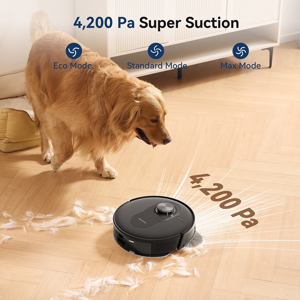 Aspirator robot Proscenic Q8, 2 in 1 cu mop, statie de auto-golire, putere de aspiratie 4200Pa, 200min autonomie, navigare Smart 360 LiDAR, control prin aplicatie, negru