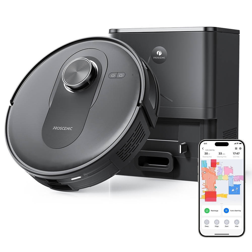 Aspirator robot Proscenic Q8, 2 in 1 cu mop, statie de auto-golire, putere de aspiratie 4200Pa, 200min autonomie, navigare Smart 360 LiDAR, control prin aplicatie, negru