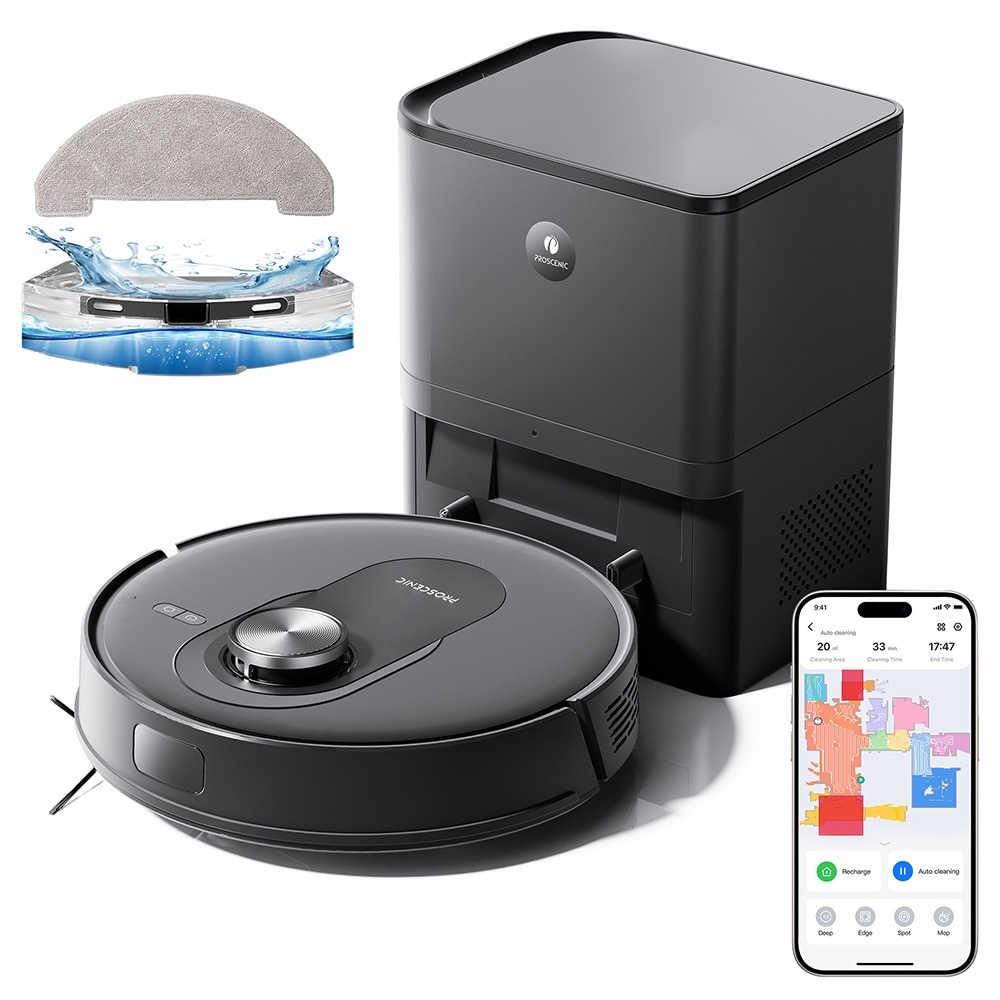 Aspirator robot Proscenic Q8, 2 in 1 cu mop, statie de auto-golire, putere de aspiratie 4200Pa, 200min autonomie, navigare Smart 360 LiDAR, control prin aplicatie, negru
