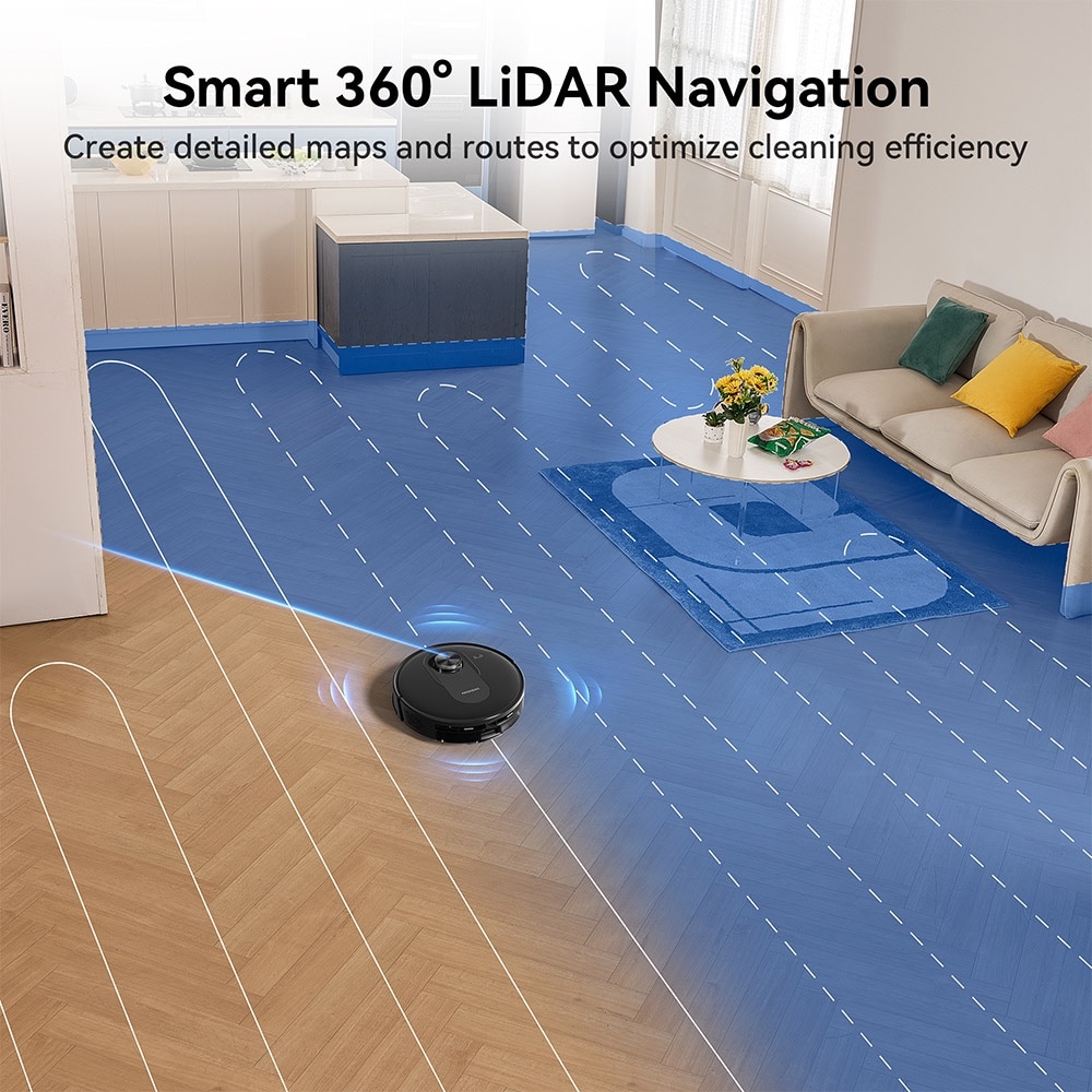 Aspirator robot Proscenic Q8, 2 in 1 cu mop, statie de auto-golire, putere de aspiratie 4200Pa, 200min autonomie, navigare Smart 360 LiDAR, control prin aplicatie, negru
