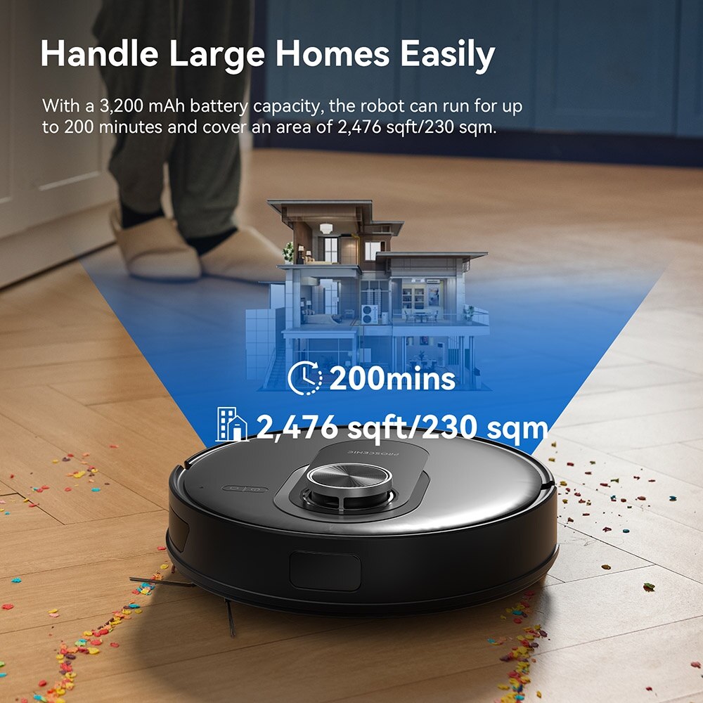 Aspirator robot Proscenic Q8, 2 in 1 cu mop, statie de auto-golire, putere de aspiratie 4200Pa, 200min autonomie, navigare Smart 360 LiDAR, control prin aplicatie, negru