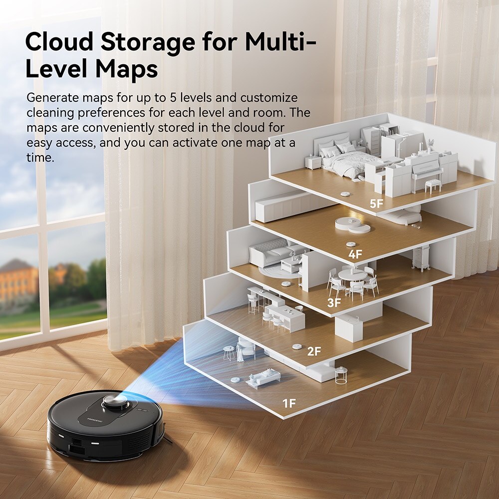 Aspirator robot Proscenic Q8, 2 in 1 cu mop, statie de auto-golire, putere de aspiratie 4200Pa, 200min autonomie, navigare Smart 360 LiDAR, control prin aplicatie, negru