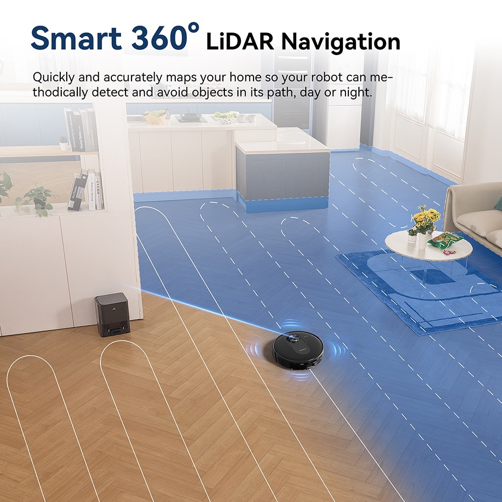 Aspirator robot Proscenic Q8, 2 in 1 cu mop, statie de auto-golire, putere de aspiratie 4200Pa, 200min autonomie, navigare Smart 360 LiDAR, control prin aplicatie, negru