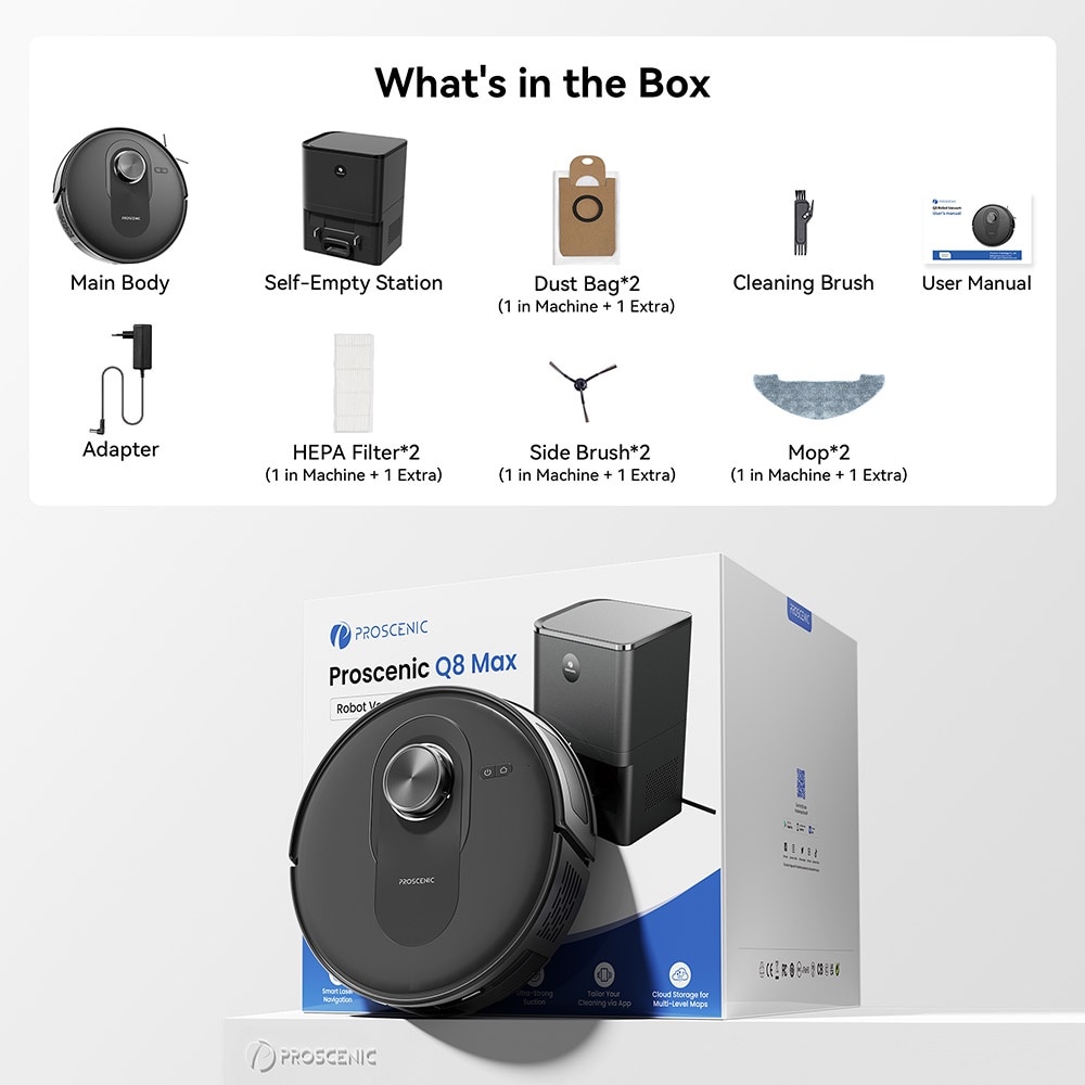 Aspirator robot Proscenic Q8, 2 in 1 cu mop, statie de auto-golire, putere de aspiratie 4200Pa, 200min autonomie, navigare Smart 360 LiDAR, control prin aplicatie, negru