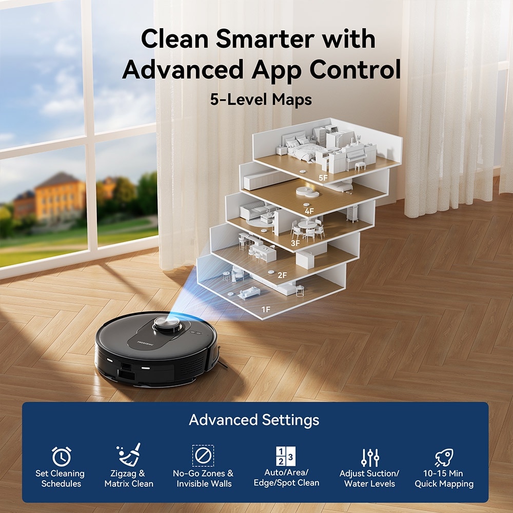 Aspirator robot Proscenic Q8, 2 in 1 cu mop, statie de auto-golire, putere de aspiratie 4200Pa, 200min autonomie, navigare Smart 360 LiDAR, control prin aplicatie, negru