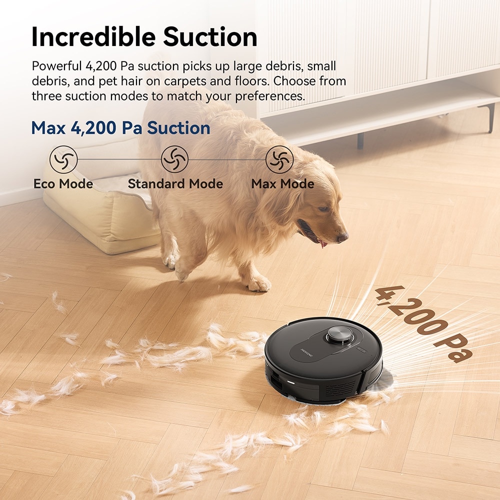 Aspirator robot Proscenic Q8, 2 in 1 cu mop, statie de auto-golire, putere de aspiratie 4200Pa, 200min autonomie, navigare Smart 360 LiDAR, control prin aplicatie, negru