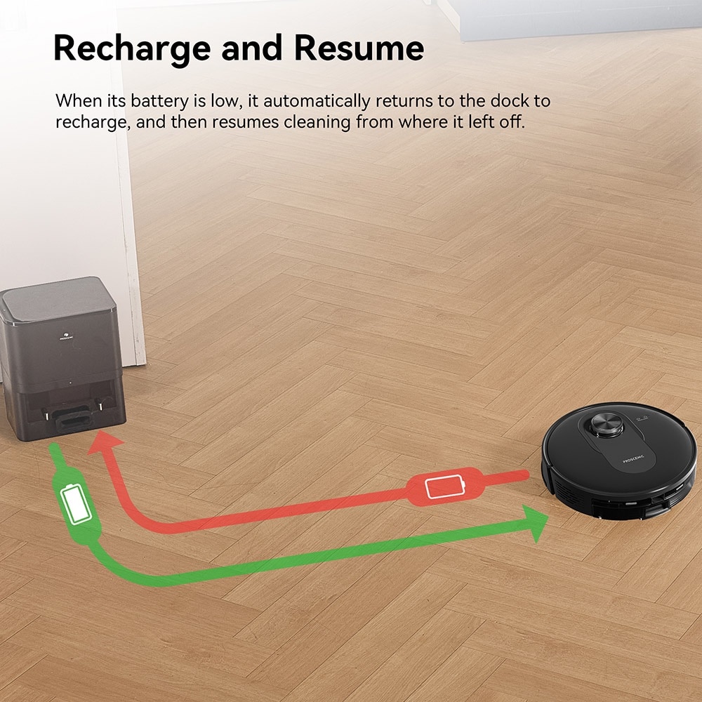 Aspirator robot Proscenic Q8, 2 in 1 cu mop, statie de auto-golire, putere de aspiratie 4200Pa, 200min autonomie, navigare Smart 360 LiDAR, control prin aplicatie, negru