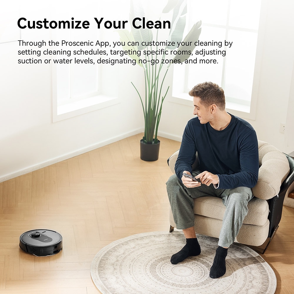 Aspirator robot Proscenic Q8, 2 in 1 cu mop, statie de auto-golire, putere de aspiratie 4200Pa, 200min autonomie, navigare Smart 360 LiDAR, control prin aplicatie, negru