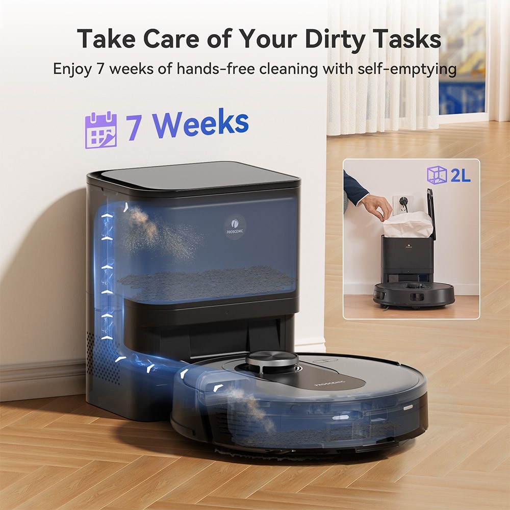 Aspirator robot Proscenic Q8, 2 in 1 cu mop, statie de auto-golire, putere de aspiratie 4200Pa, 200min autonomie, navigare Smart 360 LiDAR, control prin aplicatie, negru