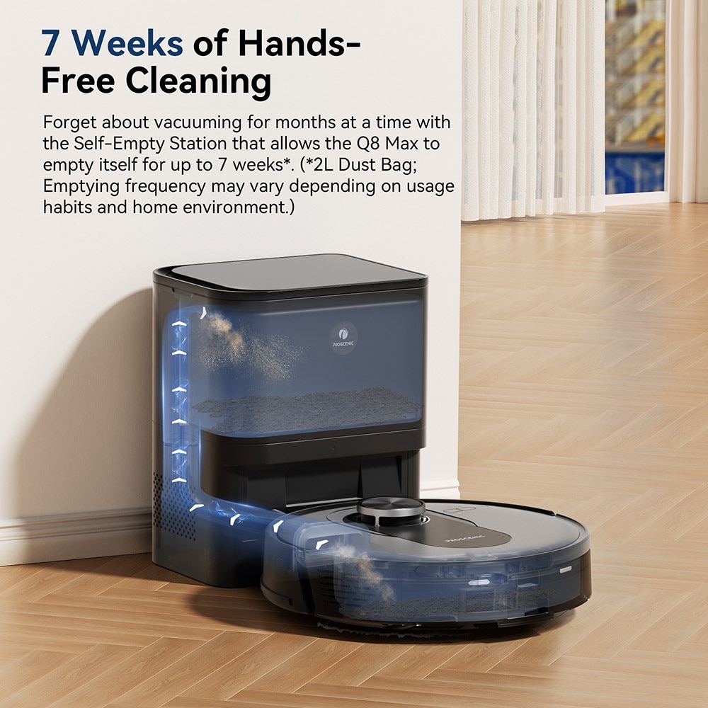Aspirator robot Proscenic Q8, 2 in 1 cu mop, statie de auto-golire, putere de aspiratie 4200Pa, 200min autonomie, navigare Smart 360 LiDAR, control prin aplicatie, negru