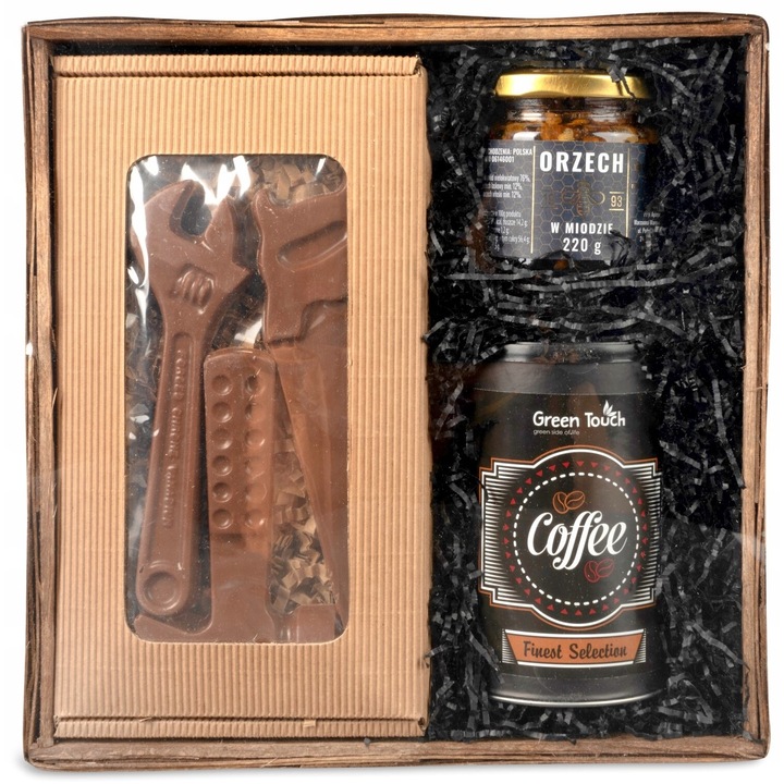 Set cadou pentru barbati, Green Touch, cu ciocolata, cafea si nuci, 25x25x8cm