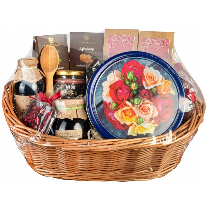 Cos cadou gourmet cu produse din fructe de padure, Green Touch, ceaiuri, ciocolata, miere, 45x49x34cm