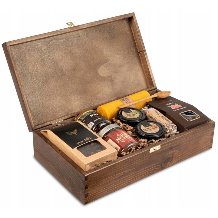 Set cadou Green Touch cu miere, dulciuri si ceai, cutie din lemn 35x20x10cm