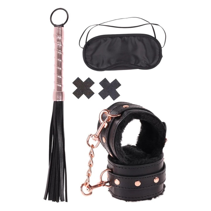 Set bondage Sportsheets Sex and Mischief Brat, negru, Catuse Captusite, Ochelari, Mini Flogger Bici si Pasties pentru Jocuri BDSM pentru Adulti