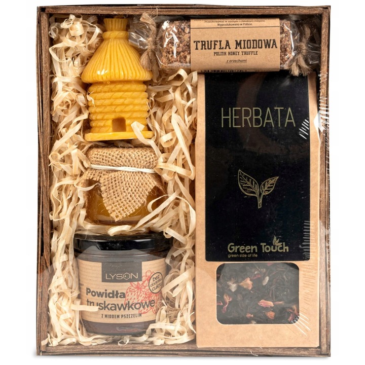 Set cadou cu ceai, Green Touch, miere, dulciuri, lumanare, 22x18x8cm