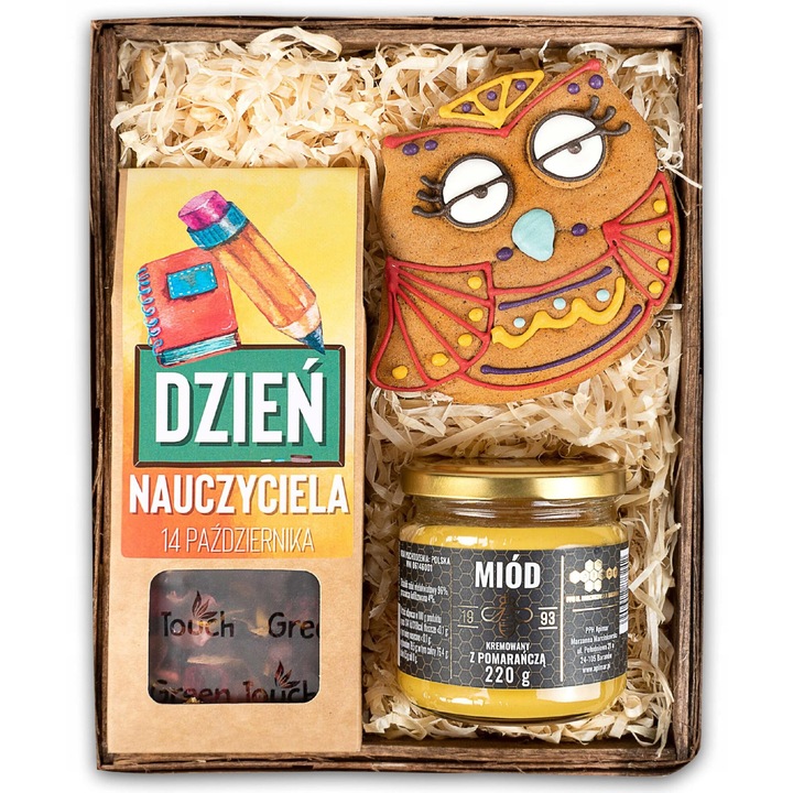 Cos cadou Green Touch, ceai fructat, miere crema, turta dulce, 22x18x8cm