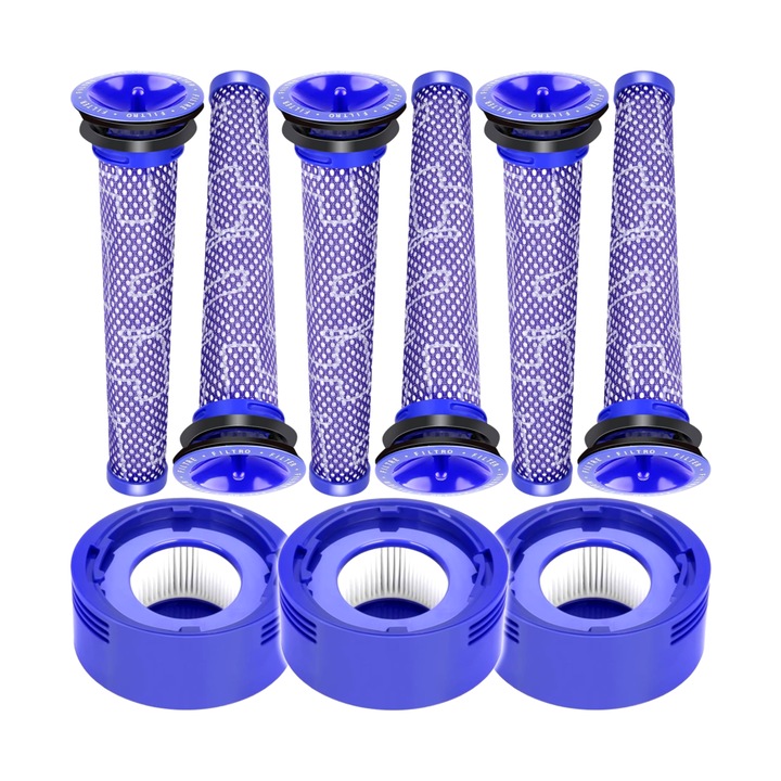 Set 9 filtre aspirator, Zola, 3 filtre HEPA lavabile, 6 prefiltre, compatibil cu Dyson V7 si V8, usor de curatat, material durabil, violet