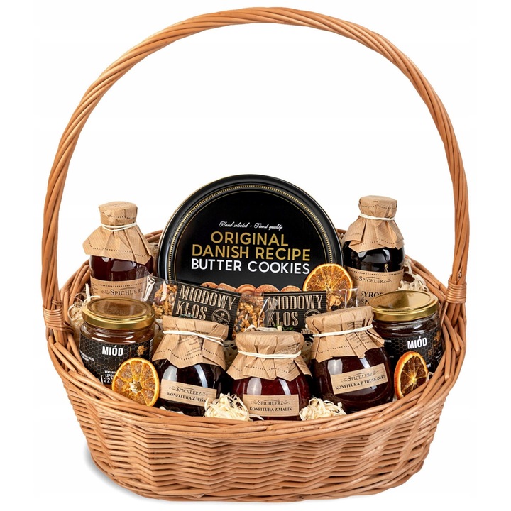 Cos cadou cu dulciuri si gemuri, GREEN TOUCH, biscuiti 454g, miere 220g, multicolor, 45x49x34x20cm