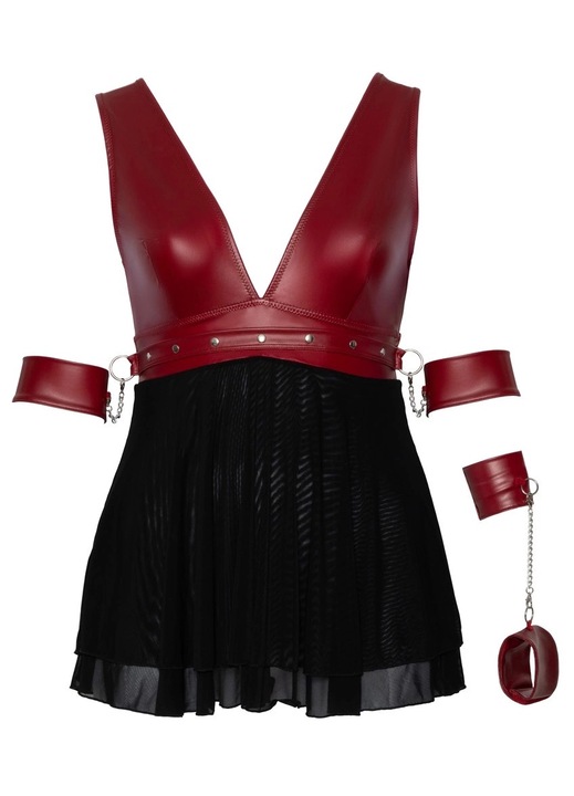 Cottelli BONDAGE rövid babydoll, matt piros, mandzsettával és lánccal, XL-es méret