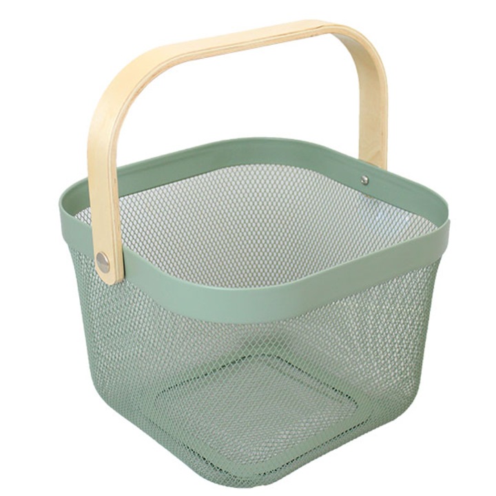 Cos metalic patrat pentru fructe si legume cu maner lemn, Frandis, 25x25x17 cm, verde maslin/bej