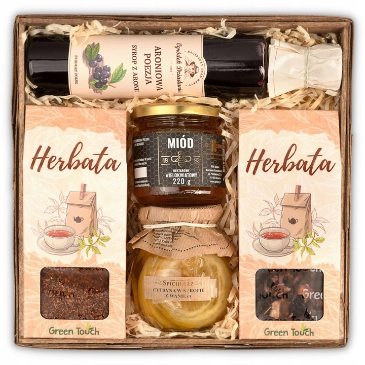 Set cadou GREEN TOUCH, cu ceai, miere, sirop, 25x25x8cm