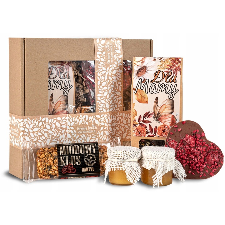 Set cadou Green Touch, ceai premium, baton cu miere, ciocolata in forma de inima, confituri, miere crema, 20x20x5cm