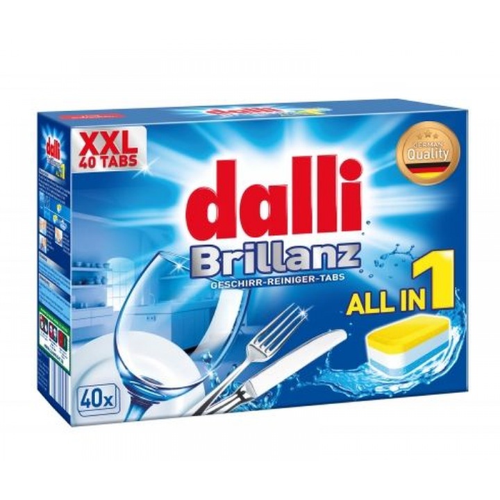 Tablete detergent vase Dalli Brillanz All-in-1, 40 bucati, 850g, efect curatare excelent, neutralizare mirosuri