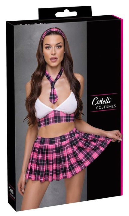 Costum sexy Schoolgirl, Cottelli set 4 piese, roz cu negru si alb, marime L, poliester/ elastan
