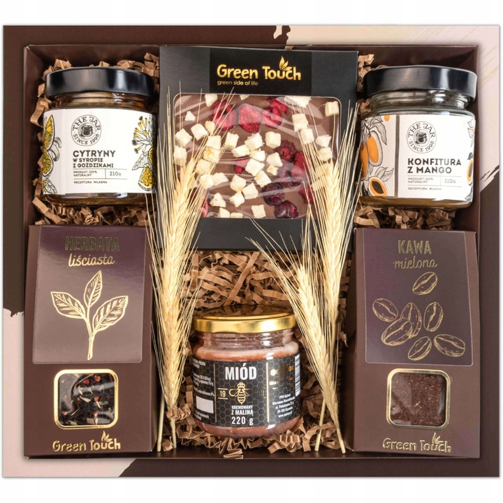 Set cadou Green Touch cu cafea, ceai, dulceata, ciocolata, 28x25x8cm
