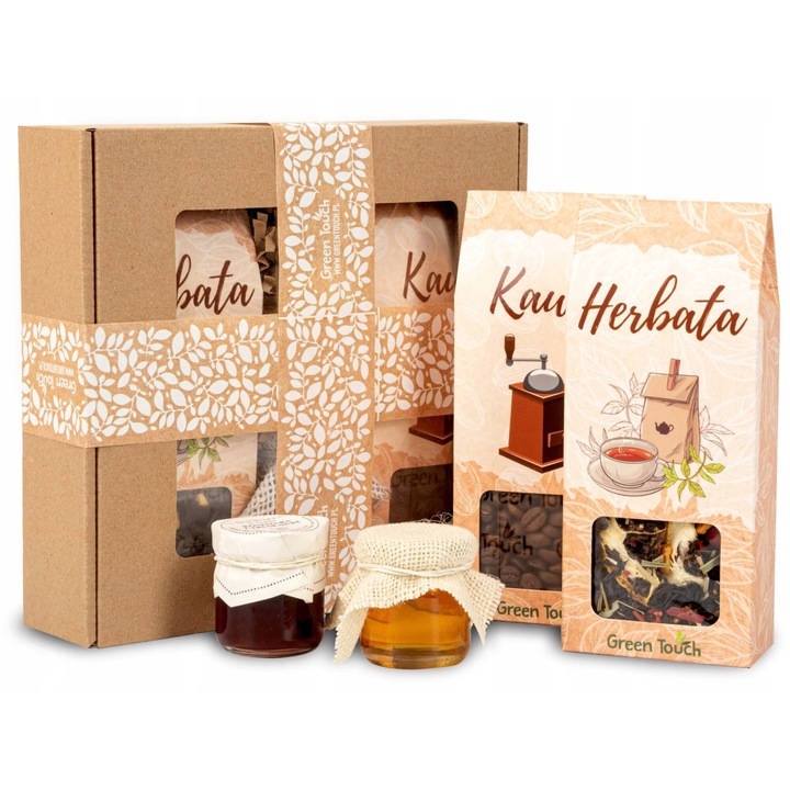 Set cadou ceai, Green Touch, ceai premium 60g, cafea braziliana 120g, miere 40g, gem de capsuni 40g, 20x20x5cm