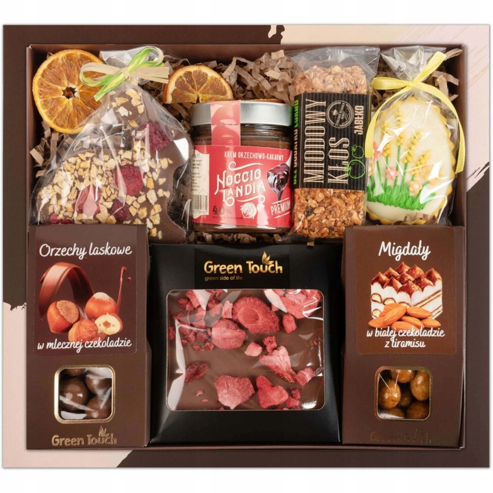 Set de dulciuri premium Green Touch, migdale in ciocolata alba, alune in ciocolata cu lapte, ciocolata in forma de iepuras, 28x25x8cm