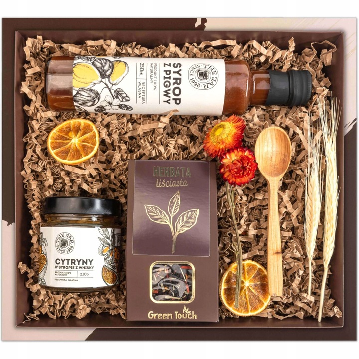 Set cadou Green Touch cu ceai, sirop de gutui, lamai in sirop de whisky, 28x25x8cm