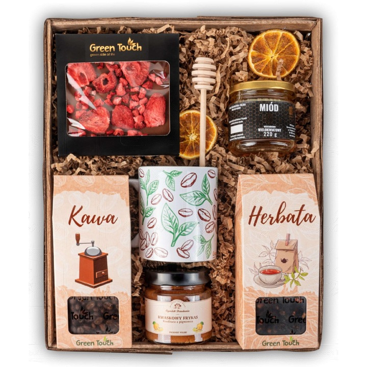 Set cadou, Green Touch, ceai, cafea, dulciuri, cana, 30x25x8cm
