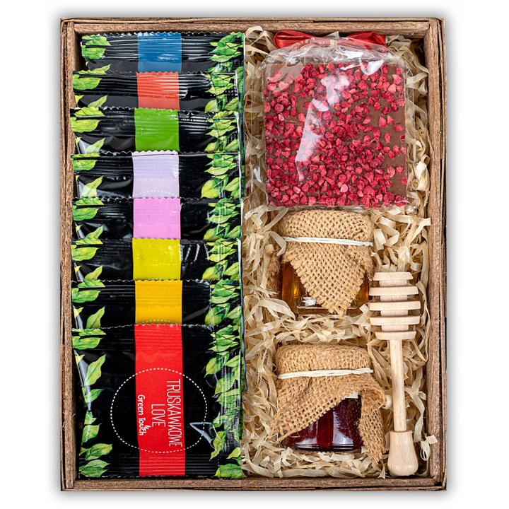 Set cadou cu ceaiuri, Green Touch, 8 sortimente, miere, ciocolata, 22x18x8cm