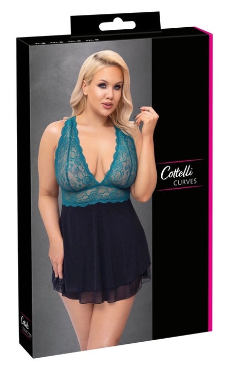 Cottelli CURVES szexi női babydoll, poliamid/elasztán, fekete/kék, 2XL INTL