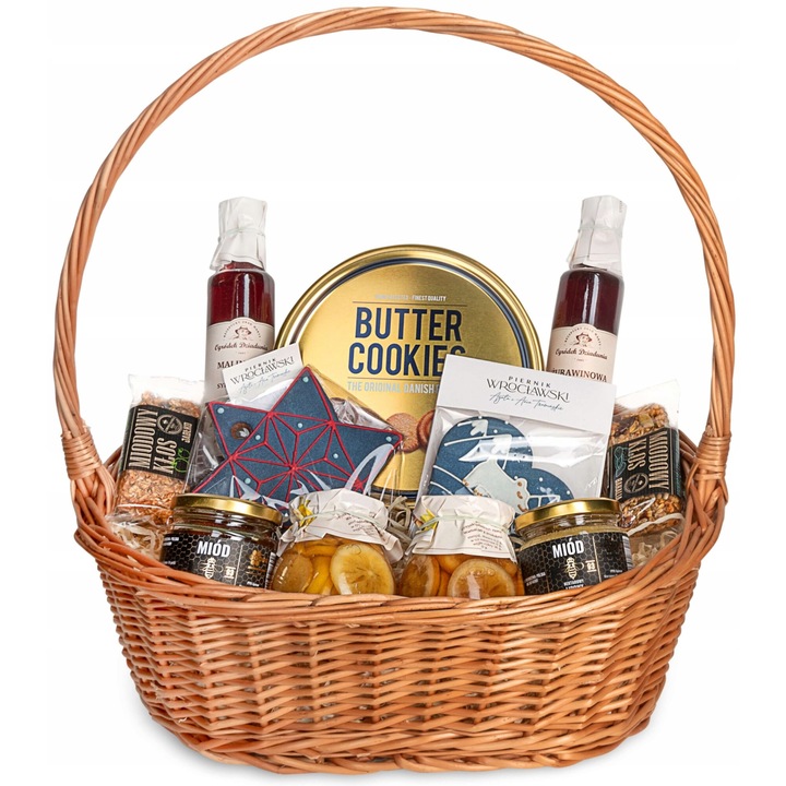 Set cadou cu produse de patiserie, GREEN TOUCH, cos din rachita, 454g biscuiti, 220g miere, 315g sirop, 45g batoane, 49x45x34x20cm