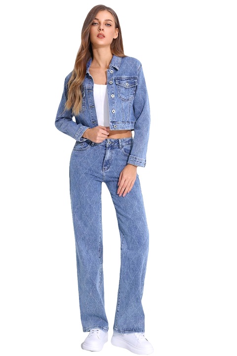 Blugi de dama Phoenix Wave, croiala relaxed fit, cu imprimeu geometric, Denim Blue