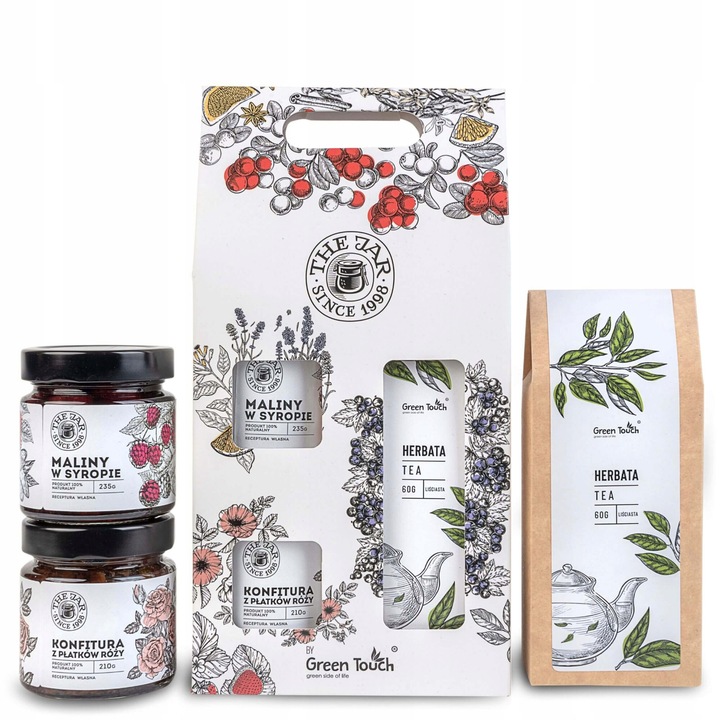 Set cadou cu ceai, Green Touch, zmeura in sirop, gem de petale de trandafir, 60g ceai Ceylon, 28,5x14x7cm