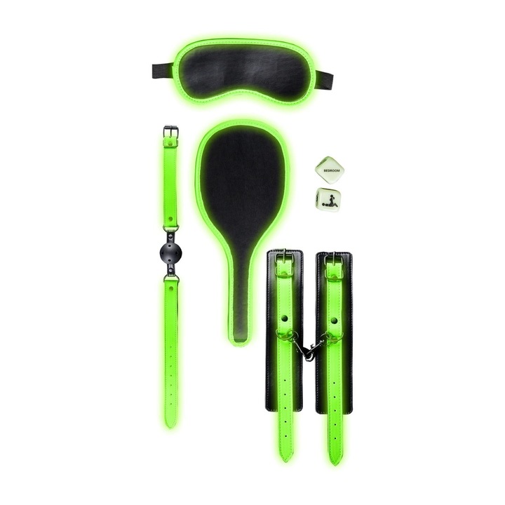 Set bondage Ouch!, cu detalii fluorescente, verde/negru
