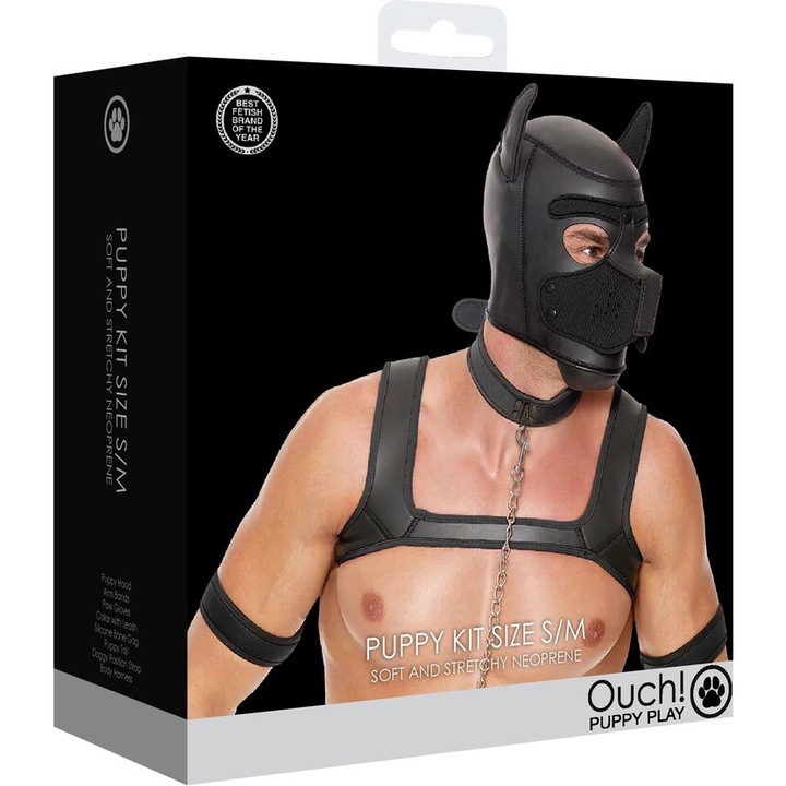 Set accesorii BDSM pentru barbati, Ouch!, neopren, negru